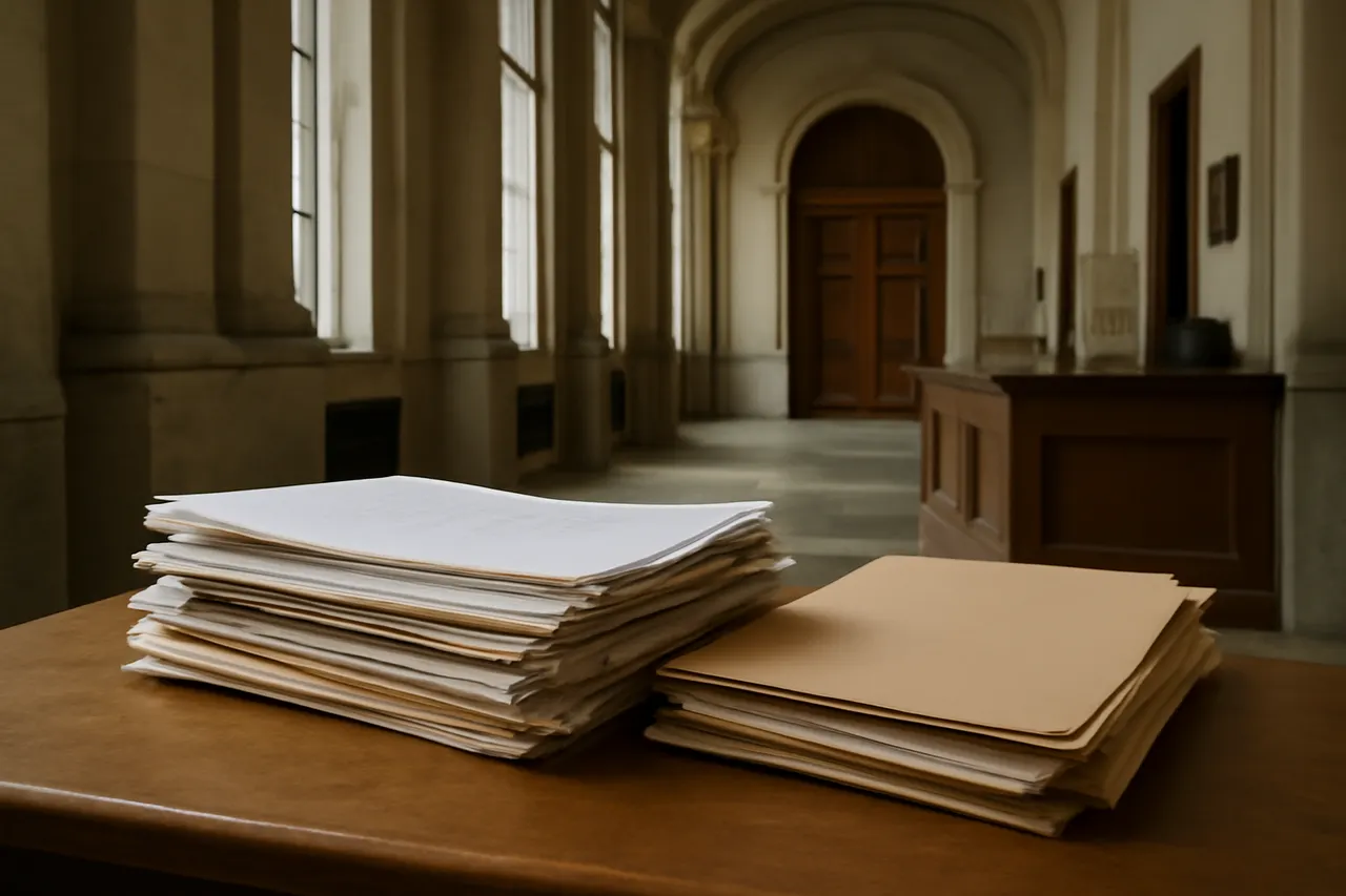Quiet courthouse or legal-work setting with documents and civic architecture.