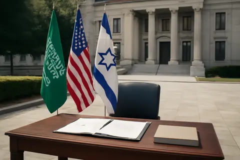 Grounded editorial scene illustrating US President Donald Trump states that Saudi Arabia's nuclear cooperation agreement with the US depends on Riyadh joining the Abraham Accords and recognizing Israel.
