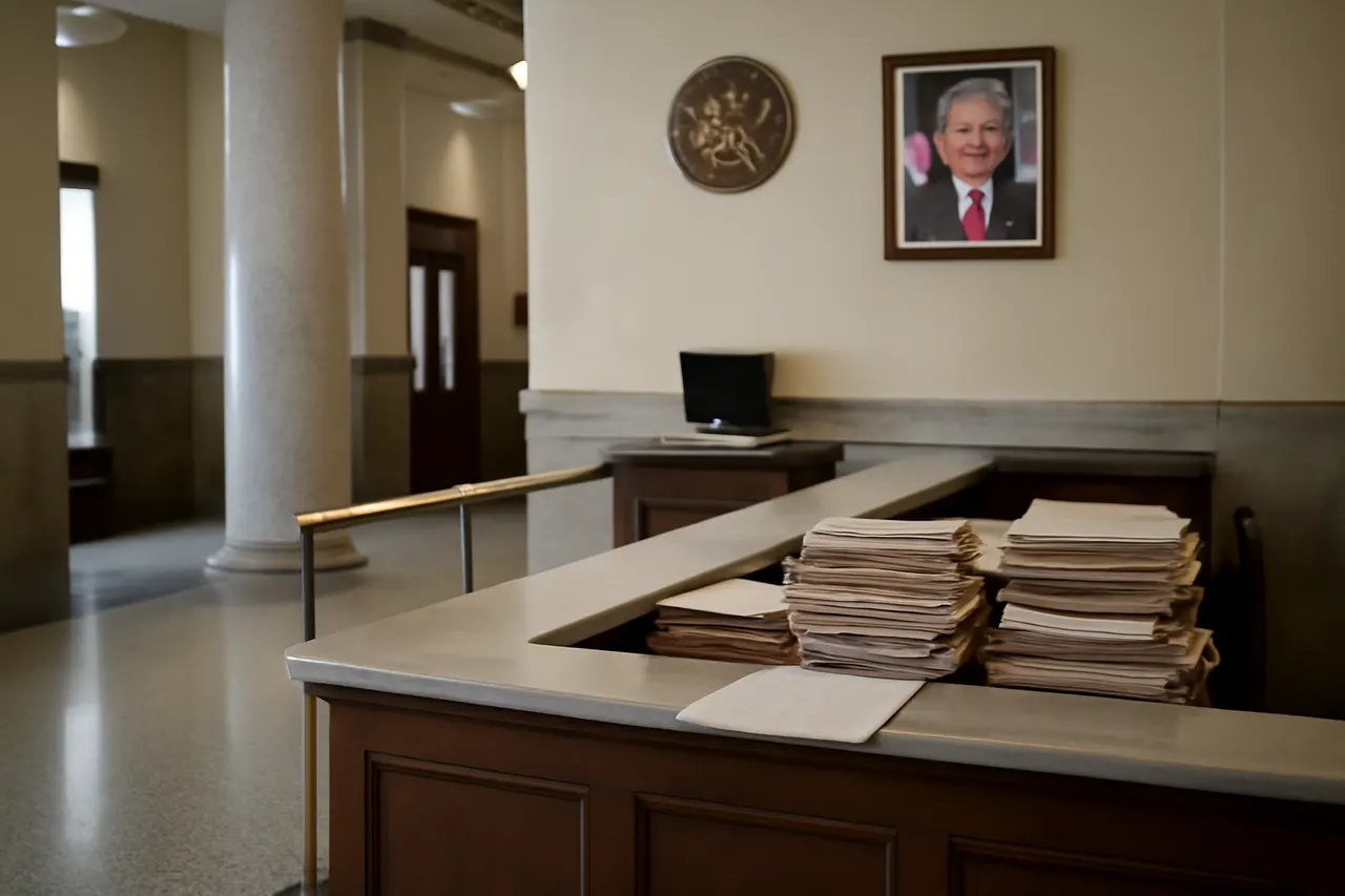 Quiet courthouse or legal-work setting with documents and civic architecture.
