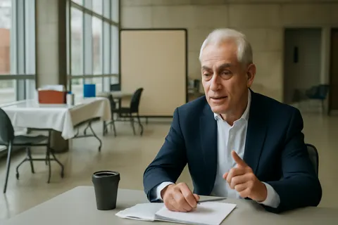 Grounded editorial scene illustrating Former Chicago mayor and potential 2028 Democratic candidate Rahm Emanuel argues the party should focus on education and kitchen table issues rather than far-left culture wars, sparring with The New Yorker’s David Remnick over transgender rights emphasis.