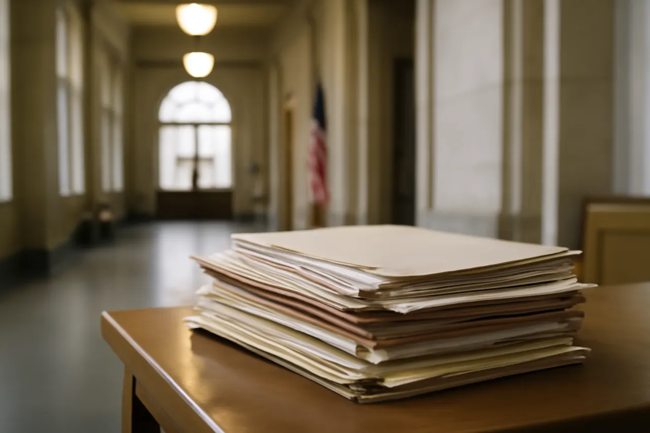 Quiet courthouse or legal-work setting with documents and civic architecture.