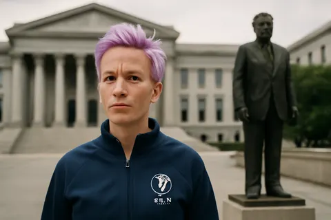 Grounded editorial scene illustrating Former US women's soccer star Megan Rapinoe says President Trump's actions disrupted the US men's team's underdog momentum ahead of their defeat to Belgium in the 2026 FIFA World Cup.