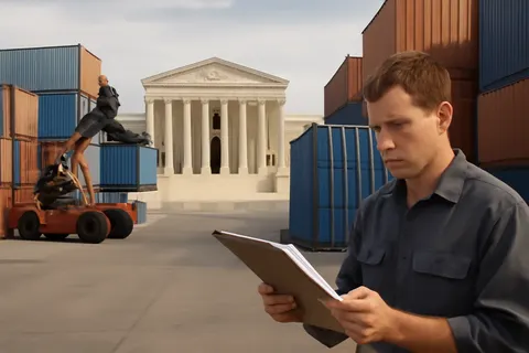 Quiet courthouse or legal-work setting with documents and civic architecture.