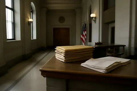 Quiet courthouse or legal-work setting with documents and civic architecture.