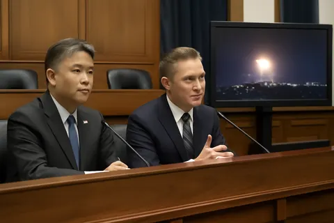 Grounded editorial scene illustrating UN Ambassador Mike Waltz faced questioning from Congressman Ted Lieu after Al Jazeera footage of Iranian strikes in Jordan was presented during a congressional hearing on July 24, 2026.