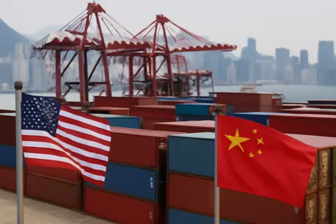 Grounded editorial scene illustrating The United States has enacted fresh tariffs on 60 nations, including major Asian economies, while China marks a milestone with its first two recipients of the prestigious Fields Medal.