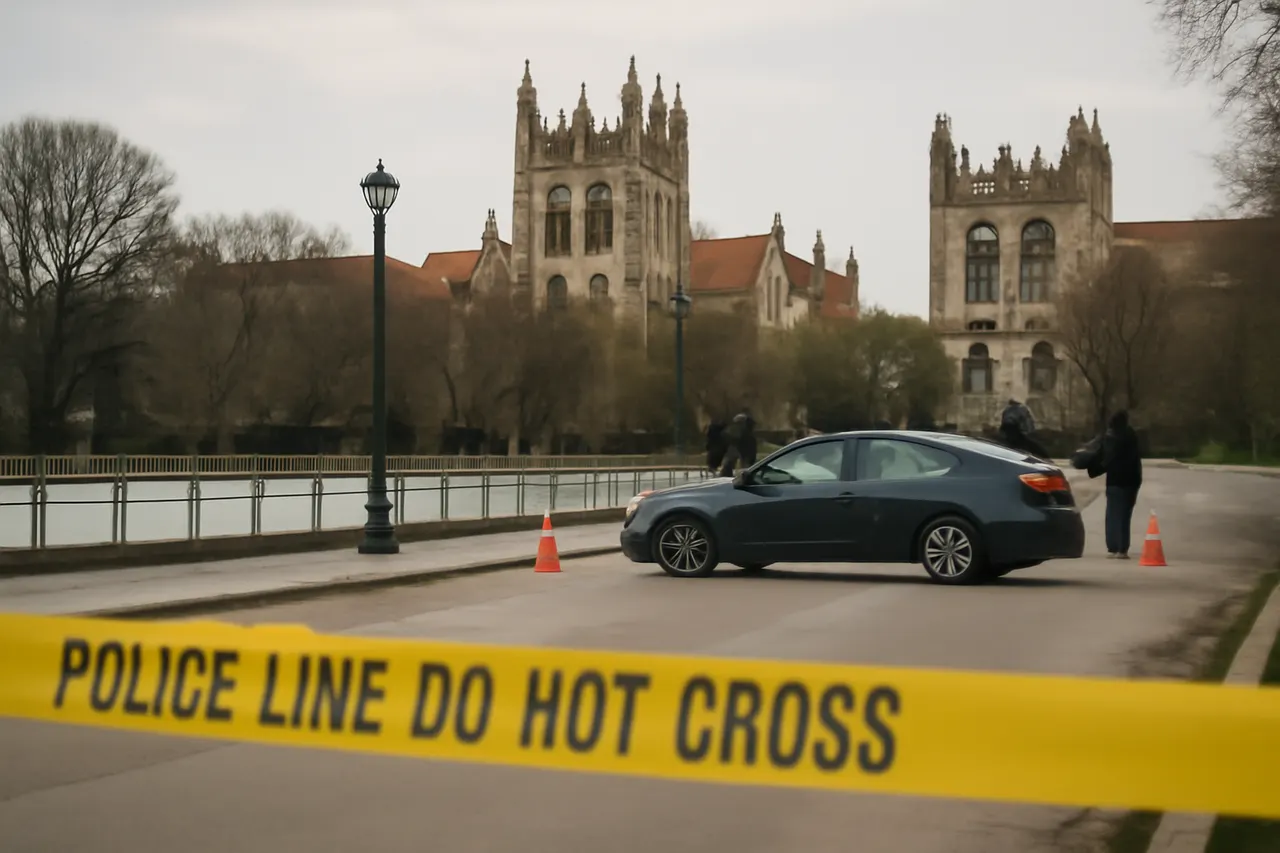 Grounded editorial scene illustrating A 27-year-old woman and a 24-year-old man were discovered with fatal gunshot wounds inside a vehicle near Midway Plaisance Ice Skating Rink on the University of Chicago campus.