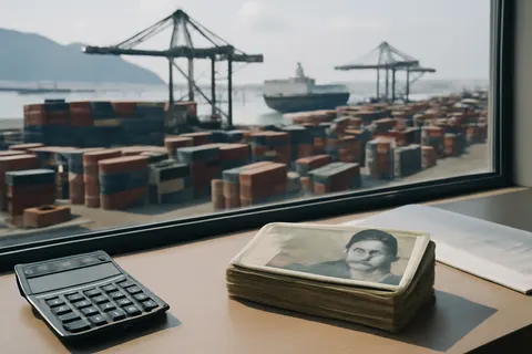 Industrial port worker overlooking bulk-material handling equipment and a cargo vessel.