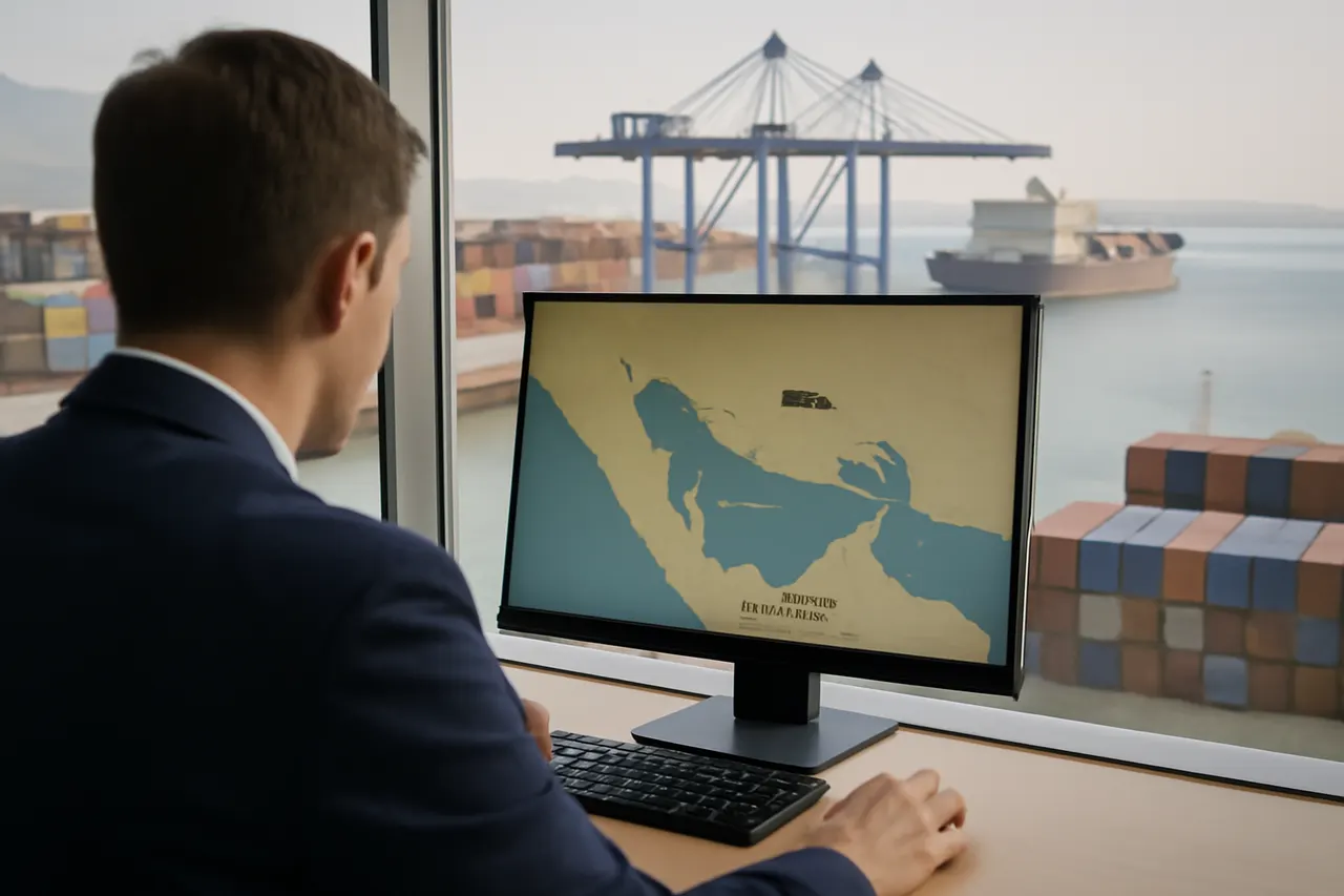 Industrial port worker overlooking bulk-material handling equipment and a cargo vessel.