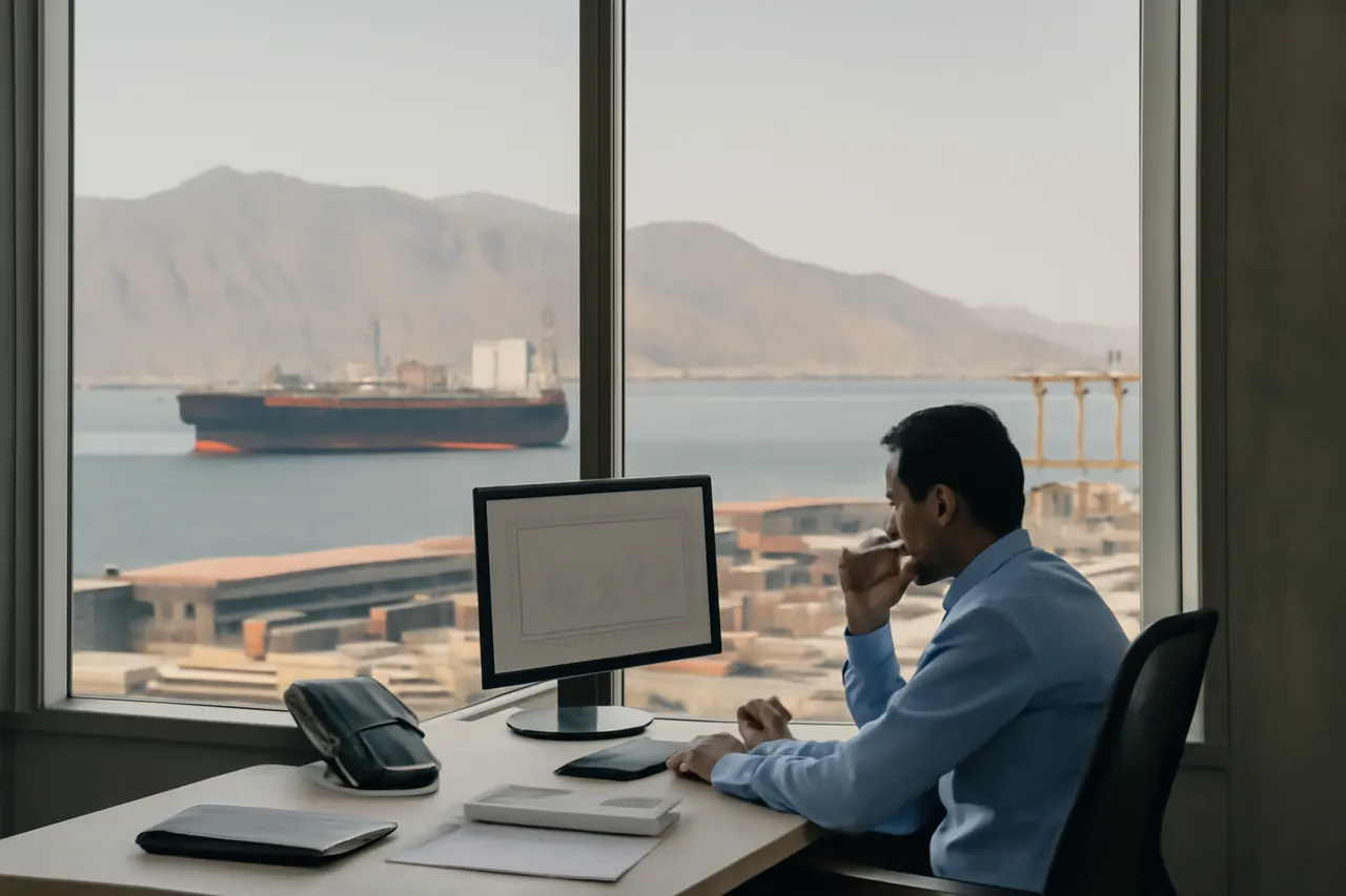 Industrial port worker overlooking bulk-material handling equipment and a cargo vessel.
