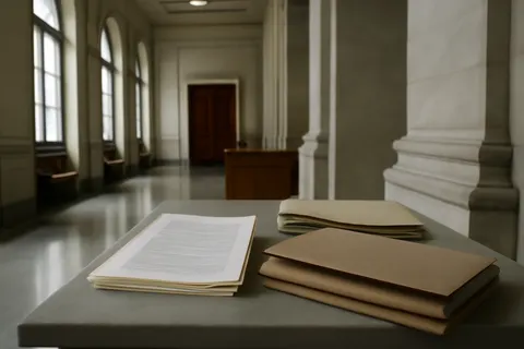 Quiet courthouse or legal-work setting with documents and civic architecture.
