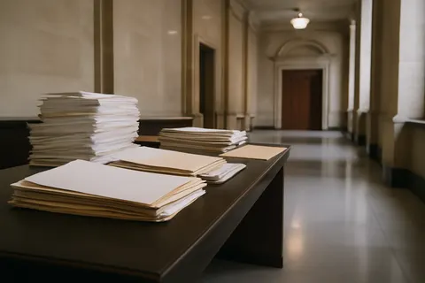 Quiet courthouse or legal-work setting with documents and civic architecture.