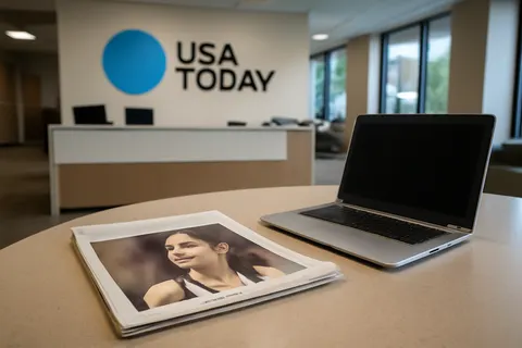 Grounded editorial scene illustrating USA Today columnist Nancy Armour faces criticism after linking WNBA star Caitlin Clark's conduct to Emmett Till, highlighting tensions in modern sports journalism.