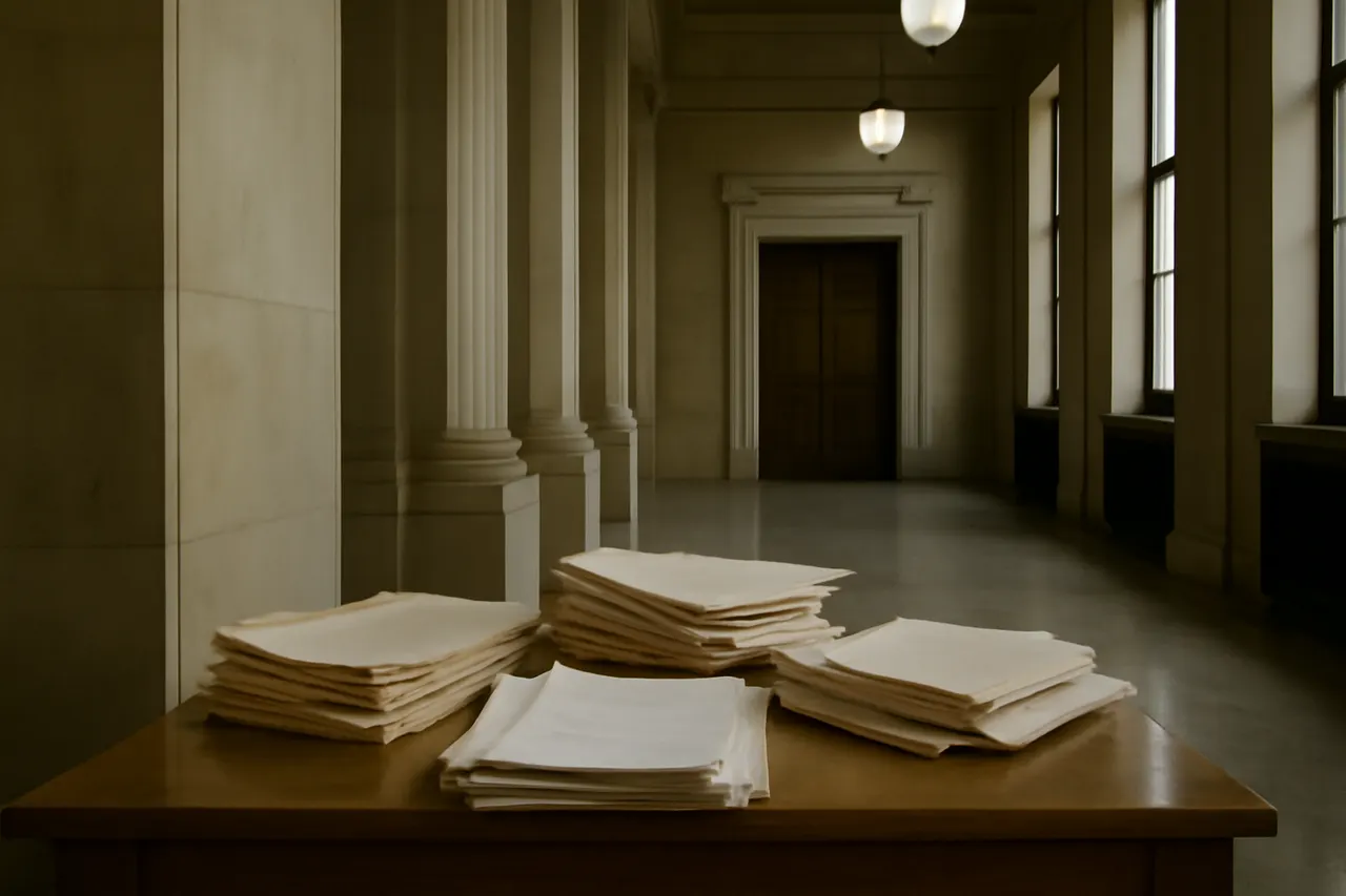 Quiet courthouse or legal-work setting with documents and civic architecture.
