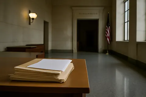 Quiet courthouse or legal-work setting with documents and civic architecture.