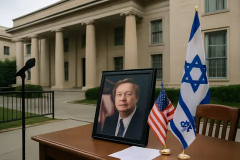 Grounded editorial scene illustrating Israeli Prime Minister Benjamin Netanyahu will meet with former President Donald Trump and honor late Senator Lindsey Graham at memorial events amid ongoing U.S.-Israel military actions against Iran.