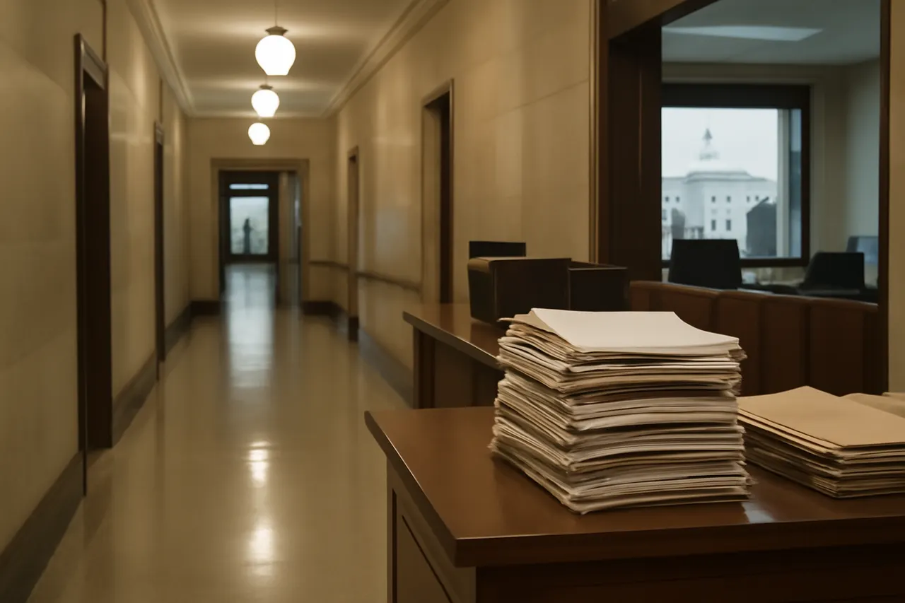 Quiet courthouse or legal-work setting with documents and civic architecture.