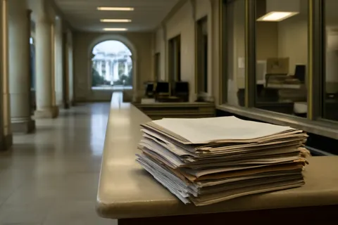 Quiet courthouse or legal-work setting with documents and civic architecture.