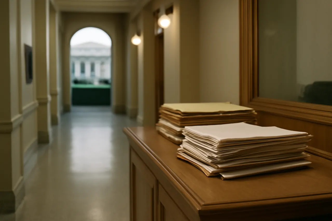 Quiet courthouse or legal-work setting with documents and civic architecture.
