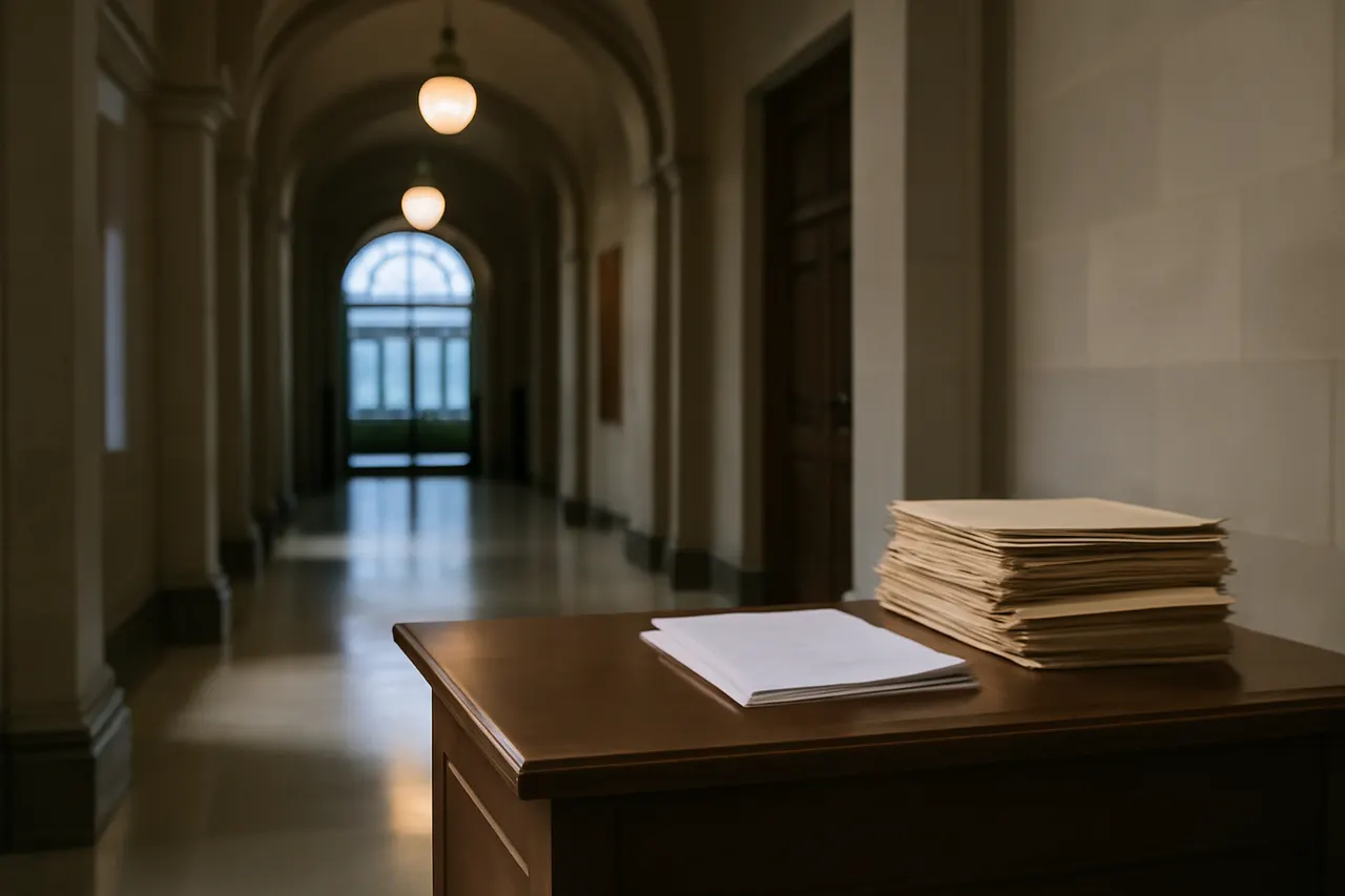Quiet courthouse or legal-work setting with documents and civic architecture.