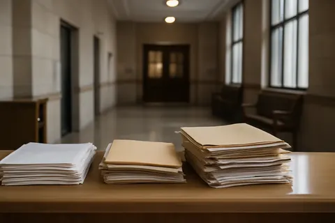 Quiet courthouse or legal-work setting with documents and civic architecture.