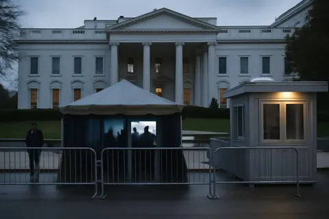 Grounded editorial scene illustrating The White House Correspondents Association Dinner was rescheduled after a security breach, marking President Trump's first attendance at the event during his presidency.