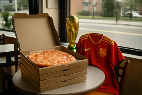 Grounded editorial scene illustrating After winning the World Cup on July 25, 2026, the Spanish team enjoyed 46 pizzas made by BXJ, a bagel shop in Orange, New Jersey.