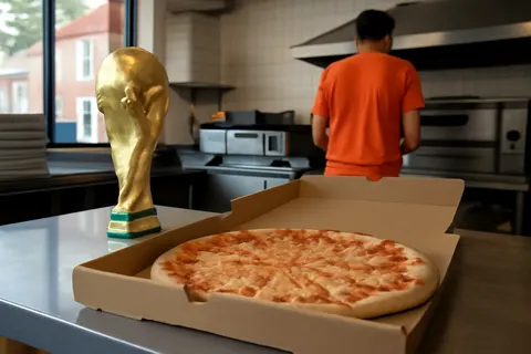 Grounded editorial scene illustrating After winning the World Cup on July 25, 2026, the Spanish team enjoyed 46 pizzas made by BXJ, a bagel shop in Orange, New Jersey.