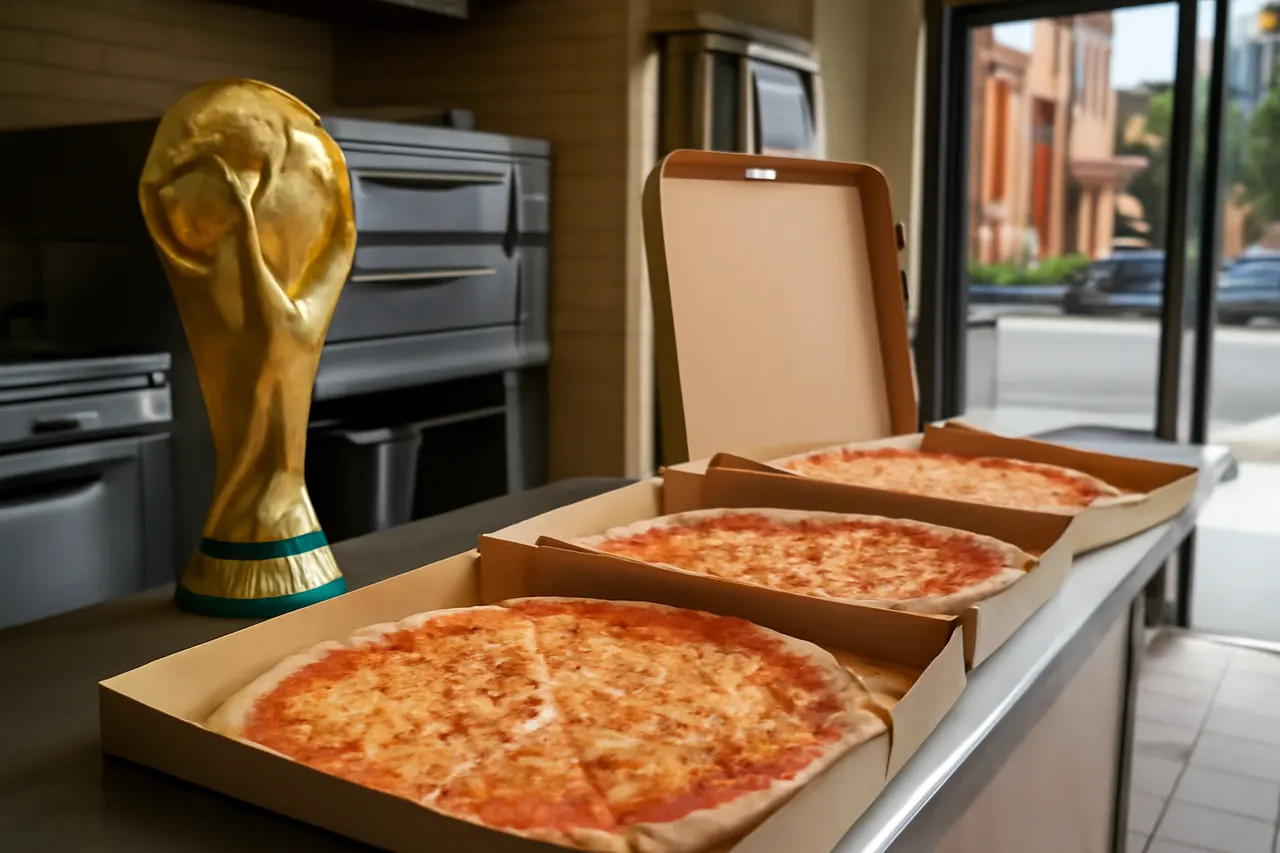 Grounded editorial scene illustrating After winning the World Cup on July 25, 2026, the Spanish team enjoyed 46 pizzas made by BXJ, a bagel shop in Orange, New Jersey.
