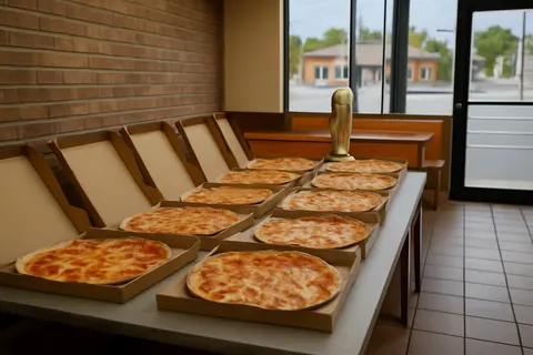 Grounded editorial scene illustrating After their World Cup win, the Spanish team enjoyed 46 pizzas made by BXJ, a bagel shop in Orange, New Jersey.