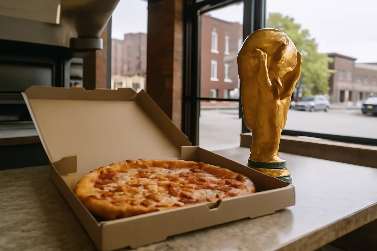 Grounded editorial scene illustrating After winning the World Cup on July 25, 2026, the Spanish team enjoyed 46 pizzas made by BXJ, a bagel shop in Orange, New Jersey.