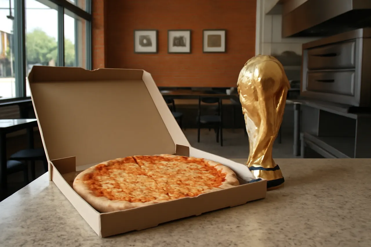 Grounded editorial scene illustrating After winning the World Cup on July 25, 2026, the Spanish team enjoyed 46 pizzas made by BXJ, a bagel shop in Orange, New Jersey.