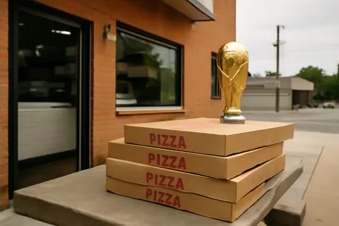 Grounded editorial scene illustrating After their World Cup win, the Spanish team enjoyed 46 pizzas made by BXJ, a bagel shop in Orange, New Jersey.