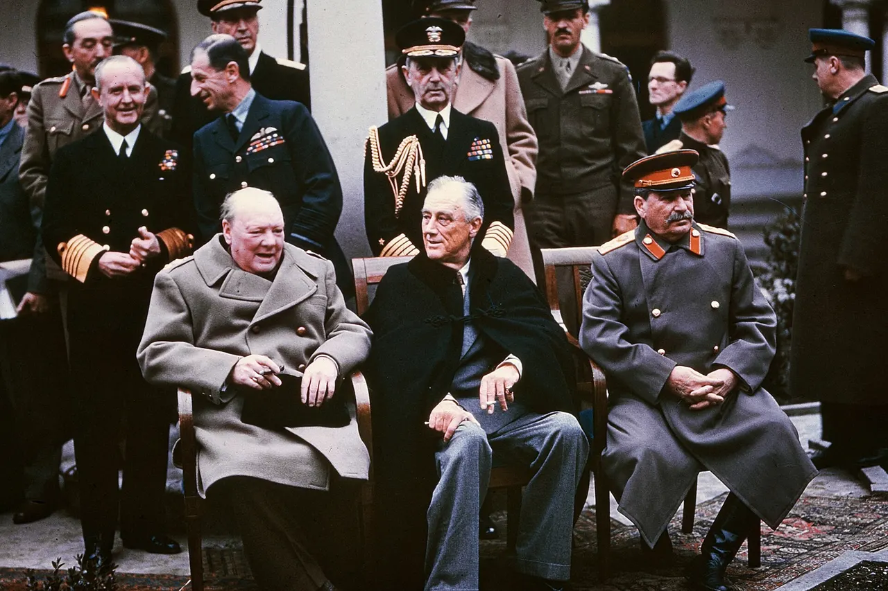 Yalta summit in February 1945 with (from left to right) Winston Churchill , Franklin Roosevelt and Joseph Stalin . Also present are USSR Foreign Minister Vyacheslav Molotov (far right); Field Marshal Alan Brooke , Admiral of the Fleet Sir Andrew Cunningham, RN , Marshal of the RAF Sir Charles Portal , (standing behind Churchill); George Marshall, Army Chief of Staff and Fleet Admiral William D. Leahy, USN , (standing behind Roosevelt).
