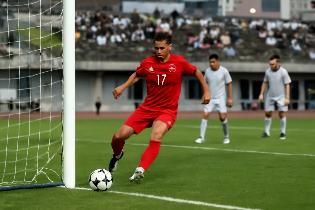 Grounded editorial scene illustrating Kazuyoshi Miura, the world's oldest professional footballer, scored for Fukushima United in a 7-0 victory over Iwaki Furukawa, advancing in the Emperor’s Cup.
