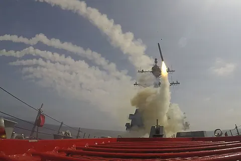 Arleigh Burke-class guided-missile destroyer USS Frank E. Petersen Jr. (DDG 121) fires a Tomahawk Land Attack Missile during operations in support of Operation Epic Fury, Feb. 28, 2026. (U.S. Navy Photo)