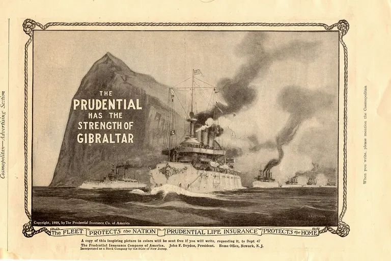 Old advert of the Prudential Insurance Co. of America depicting the Rock of Gibraltar and comparing it's strength to their insurance.
