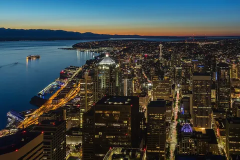 Cityscape of Seattle just after sunset, seen from the skyscraper Columbia Center at 701 5th Avenue, Seattle, Washington , USA.