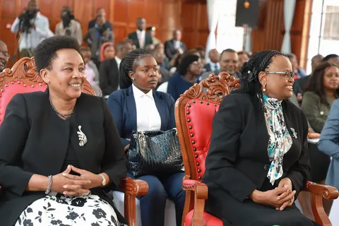 Chief Justice Martha K. Koome- the President of the Supreme Court of Kenya and Deputy Chief Justice Philomena Mwilu- the Deputy Chief Justice and Vice-President of the Supreme Court of Kenya during the Land & Justice Working Group Launch at Milimani Law Courts in Nairobi