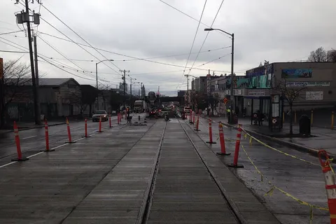 First Hill Streetcar track construction on Jackson St, just west of 12th ave