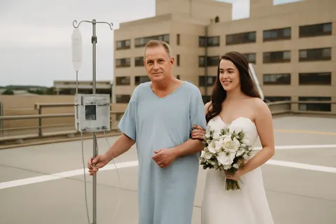 Grounded editorial scene illustrating Rick Nelson suffered a heart attack days before his daughter Rachel's wedding but, following emergency surgery, doctors arranged for him to walk her down the aisle on the hospital rooftop.
