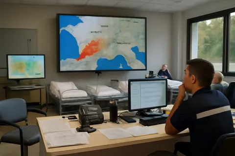 Grounded editorial scene illustrating Vast wildfires in France and Spain have displaced more than 325,000 people as authorities brace for an incoming heatwave.
