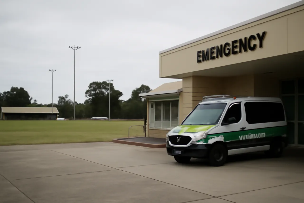 Grounded editorial scene illustrating A player in his 20s was hospitalized after being punched during a Lower South West Football League game between Kojonup and Bridgetown, prompting a police inquiry and tribunal referral.