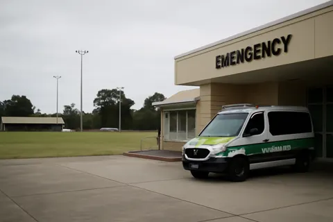 Grounded editorial scene illustrating A player in his 20s was hospitalized after being punched during a Lower South West Football League game between Kojonup and Bridgetown, prompting a police inquiry and tribunal referral.