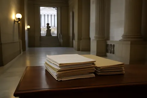 Quiet courthouse or legal-work setting with documents and civic architecture.