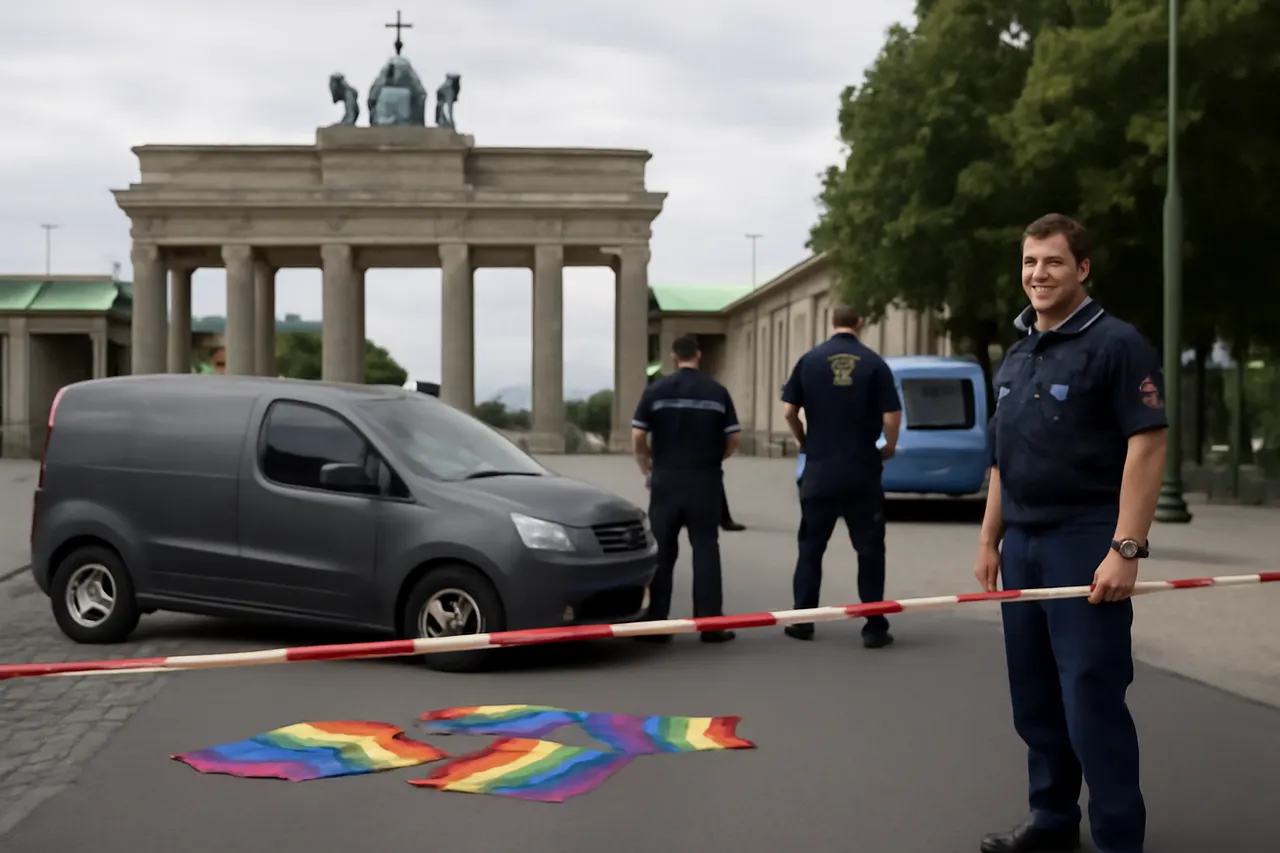 Grounded editorial scene illustrating A 21-year-old man with a record of Islamist extremist activity allegedly rammed a minivan into people near Berlin's Pride celebrations, resulting in one death before being shot by police.