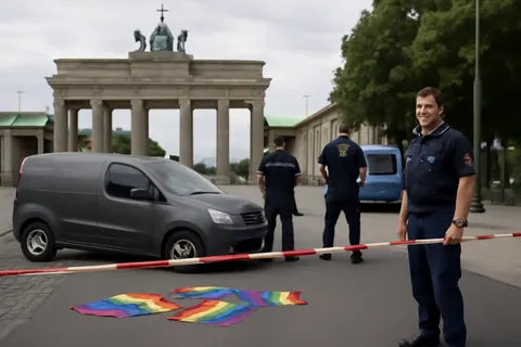 Grounded editorial scene illustrating A 21-year-old man with a record of Islamist extremist activity allegedly rammed a minivan into people near Berlin's Pride celebrations, resulting in one death before being shot by police.