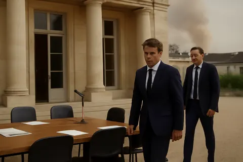 Grounded editorial scene illustrating French President Emmanuel Macron convenes cabinet to address massive wildfires in southwest France amid forecasts of an impending heatwave.