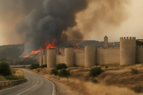 Grounded editorial scene illustrating Wildfires continue to rage in the provinces of Avila and Madrid, prompting Spain to declare a national emergency on July 24, 2026.