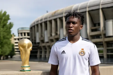 Grounded editorial scene illustrating Following standout performances at the FIFA World Cup 2026, Yan Diomande is set to join Real Madrid after PSG and Liverpool withdrew their interest.